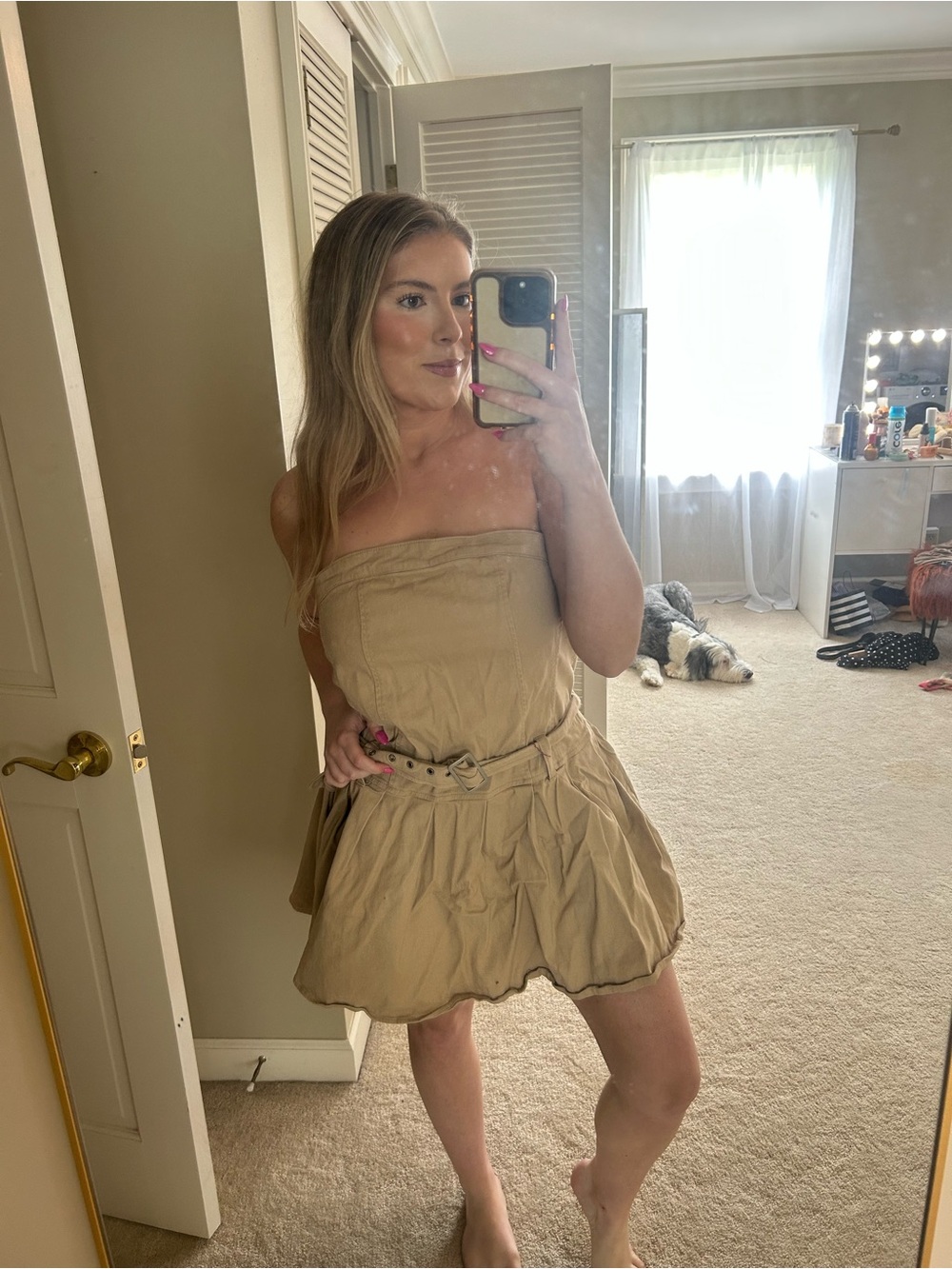 Tinseltown Strapless Tan Mini Dress with Belted Waist